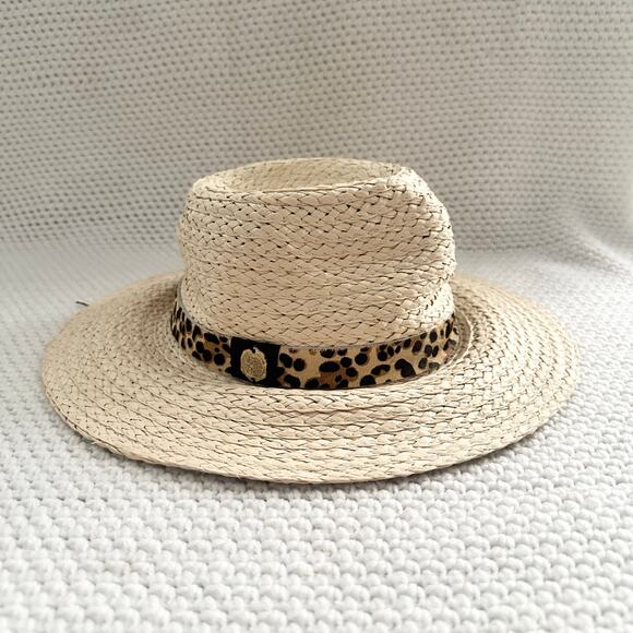 Vince Camuto Beige Straw Leopard Pony Hair Band Summer Hat Floppy Panama OS - Picture 2 of 10